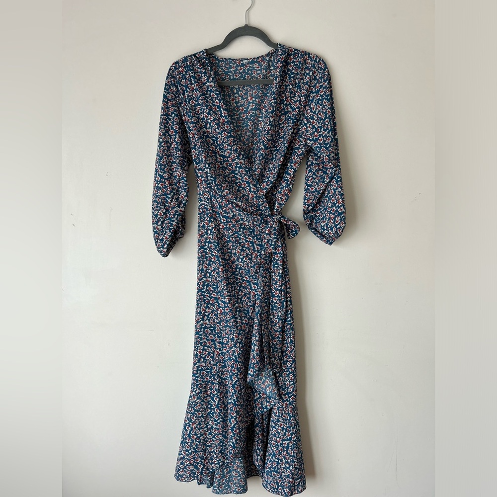 Blue Floral Wrap Long Sleeve Dress